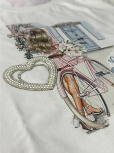 Polera Algodón Bicicleta Celeste con Brillos