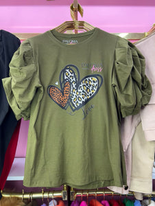 Polera Manga Princesa Verde Corazon Print